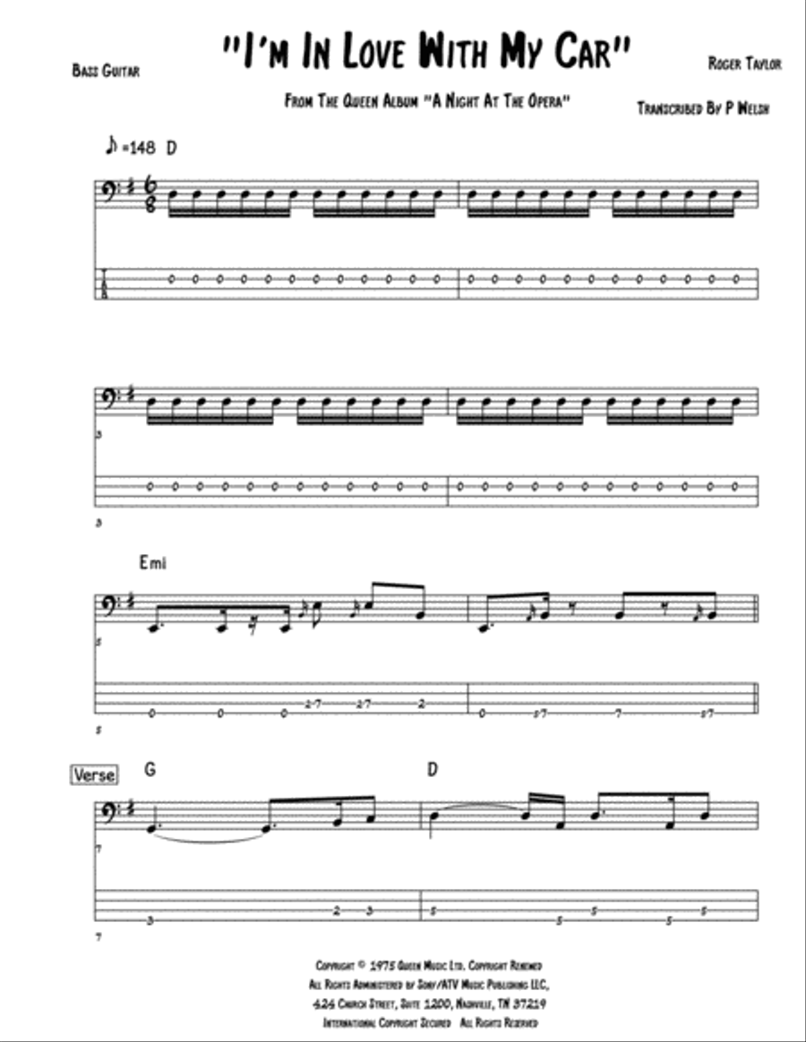 I'm In Love With My Car Bass Guitar scores gallery preview page 1