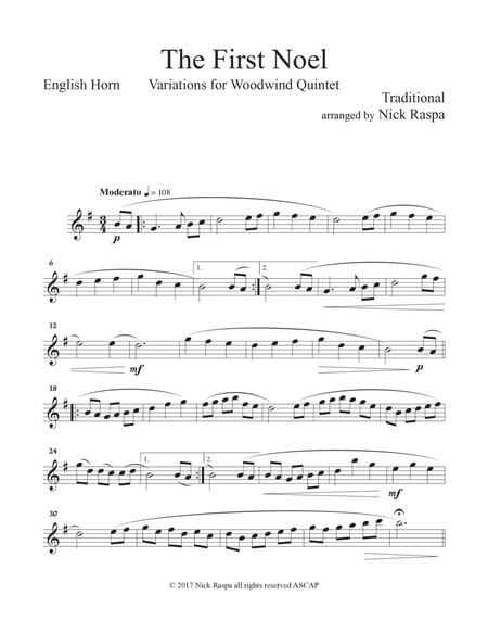 The First Noel (Variations for WW Quintet - fl ca cl F hrn. ban) English Horn part