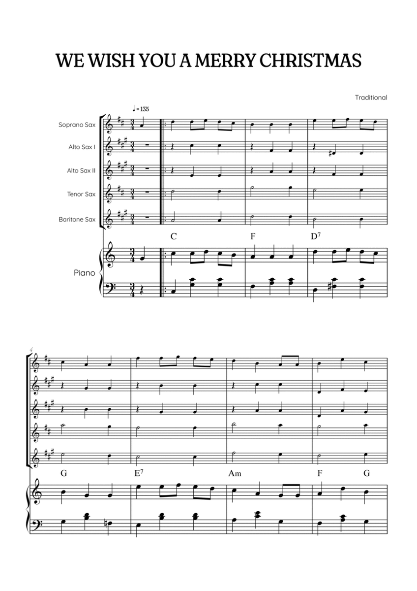 We Wish You a Merry Christmas for Sax Quintet & Piano • easy Christmas sheet music w/ chords image number null