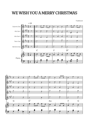 We Wish You a Merry Christmas for Sax Quintet & Piano • easy Christmas sheet music w/ chords