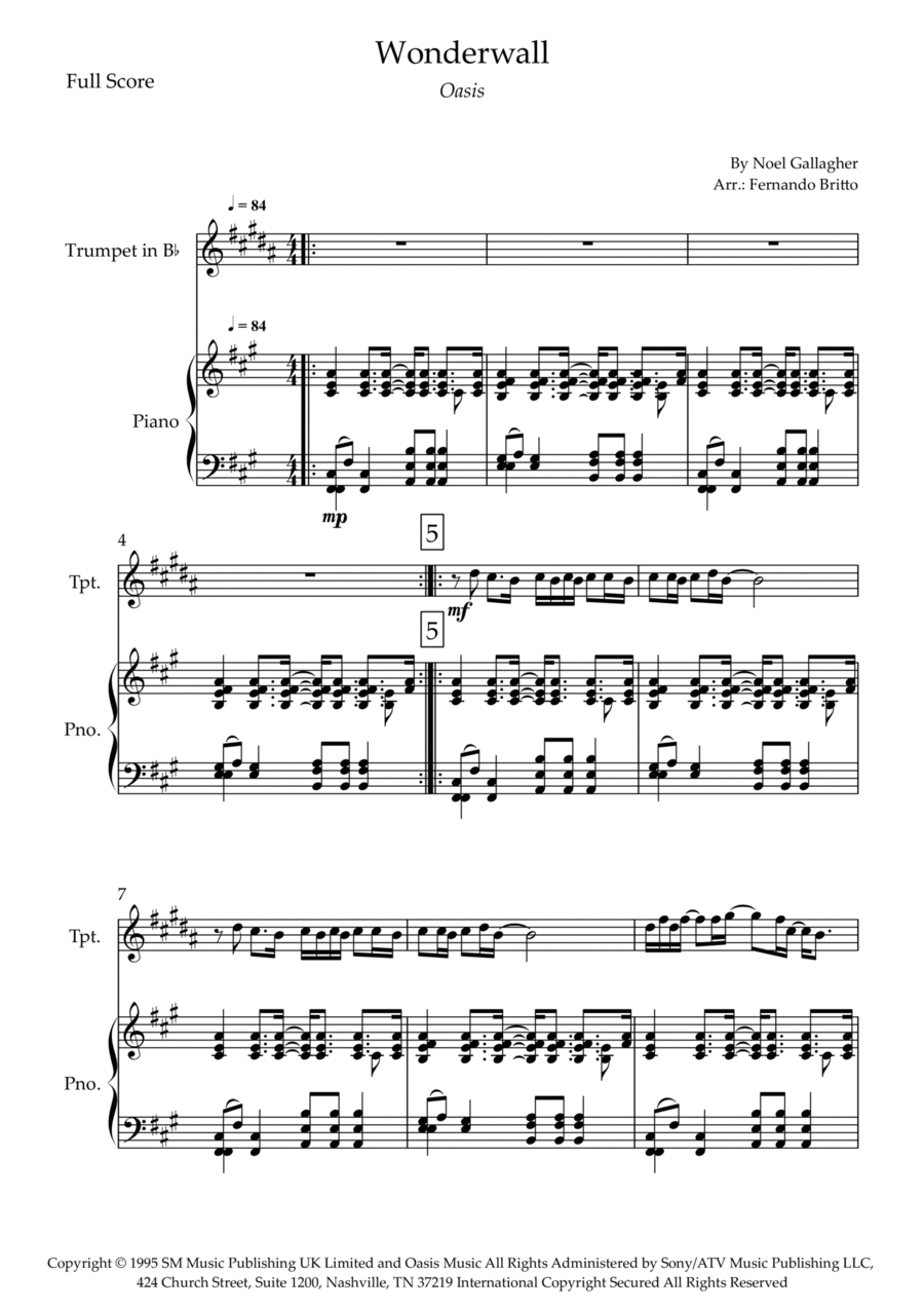 Wonderwall Trumpet Solo scores gallery preview page 1
