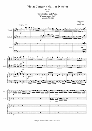 Book cover for Vivaldi - Violin Concerto No.1 in D major RV 549 Op.3 for 2 Violins and Piano