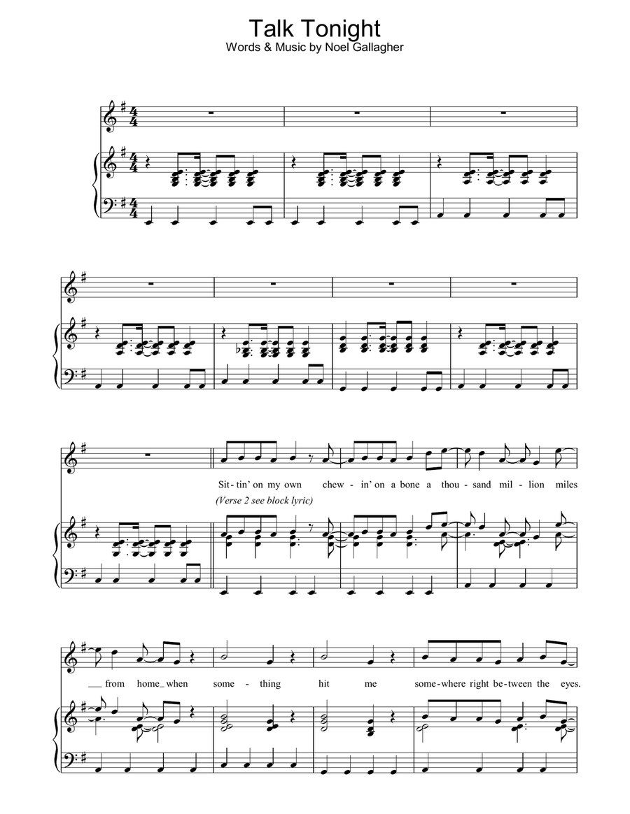 Talk Tonight Piano, Vocal, Guitar scores gallery preview page 1