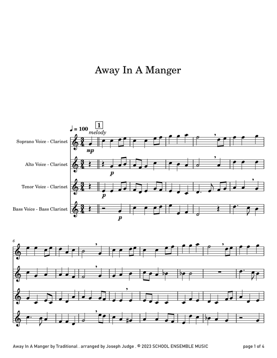 Away In A Manger for Clarinet Quartet in Schools Clarinet Quartet scores gallery preview page 1