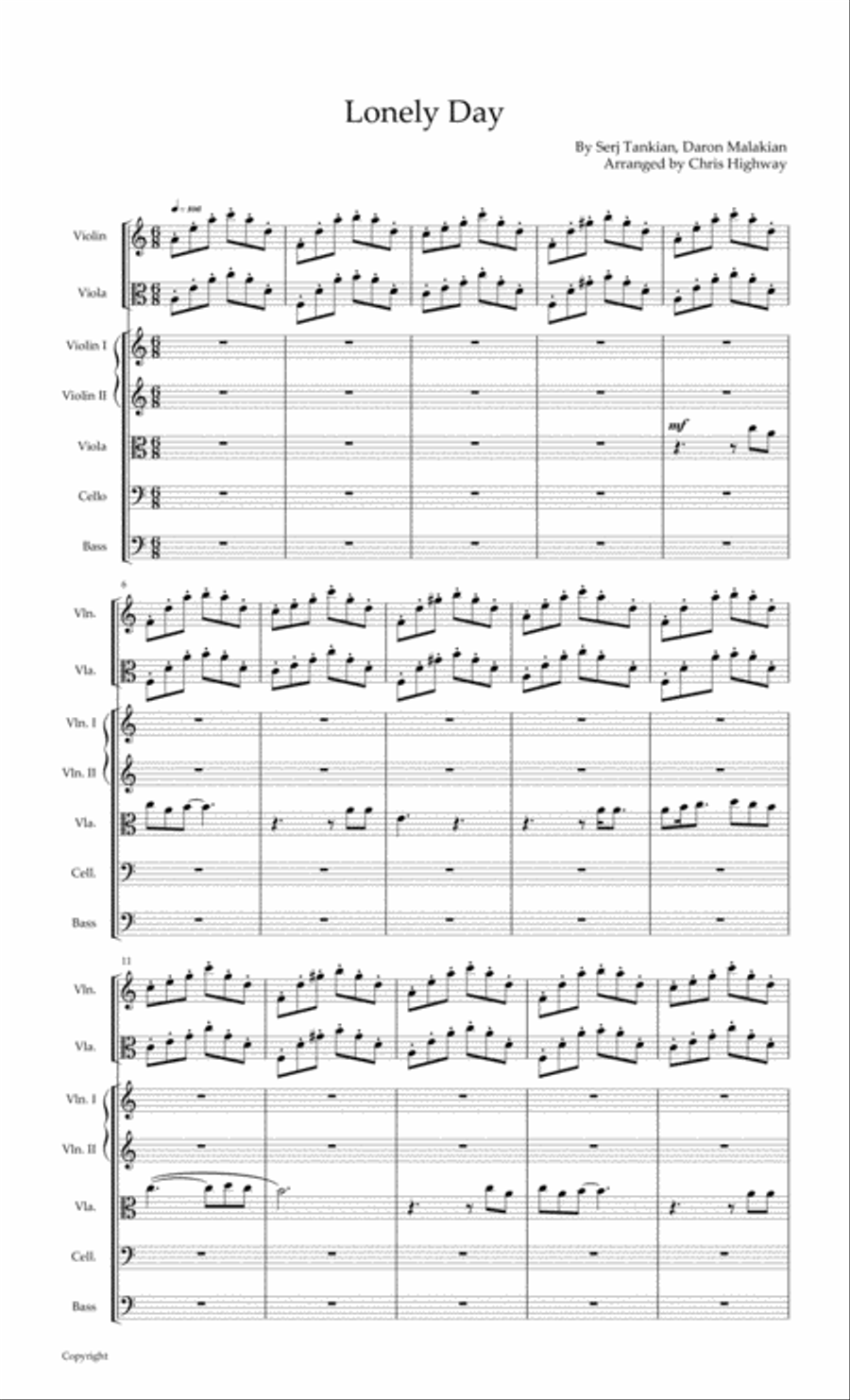 Lonely Day by System of a Down String Orchestra Digital Sheet