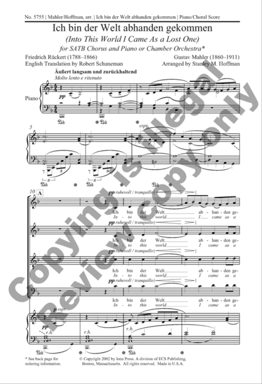 Ich bin der Welt abhanden gekommen: (Into This World I Came As a Lost One) 4-Part scores gallery preview page 2