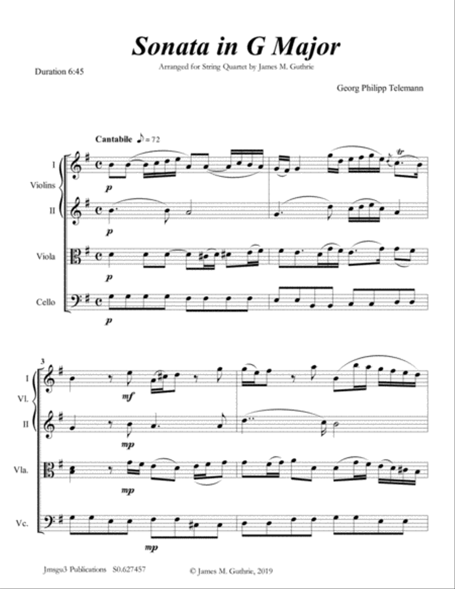 Telemann: Sonata in G Major for String Quartet String Quartet scores gallery preview page 1