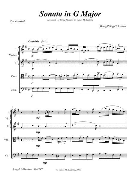 Telemann: Sonata in G Major for String Quartet image number null