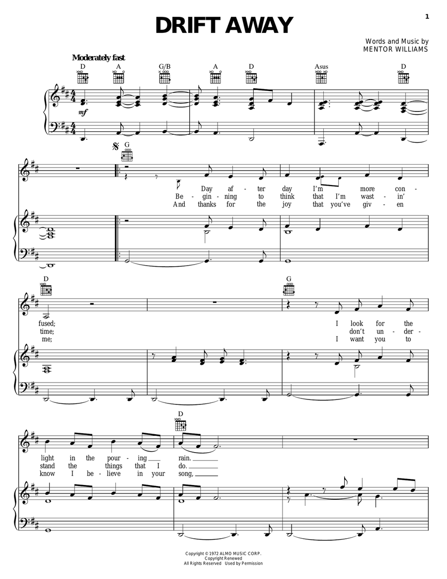 Drift Away Drift Away Piano, Vocal, Guitar scores gallery preview page 1