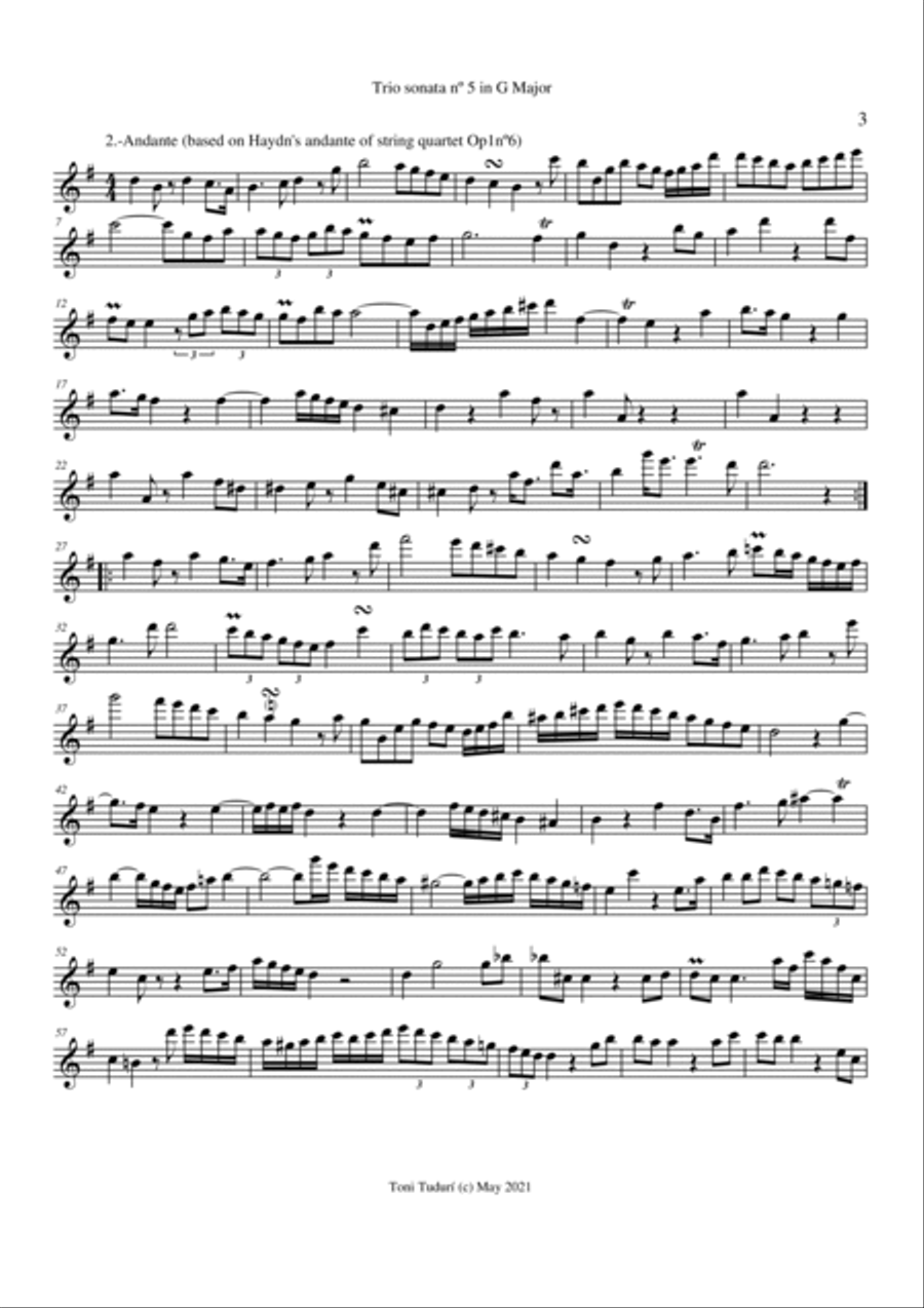 Trio sonata nº5 in G Major for flute, violin & cello or 2 violins & cello and basso continuo (PARTS Small Ensemble scores gallery preview page 3