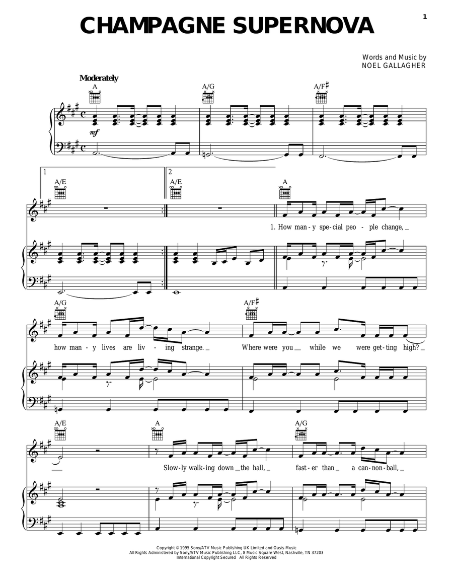 Champagne Supernova Champagne Supernova Piano, Vocal, Guitar scores gallery preview page 1