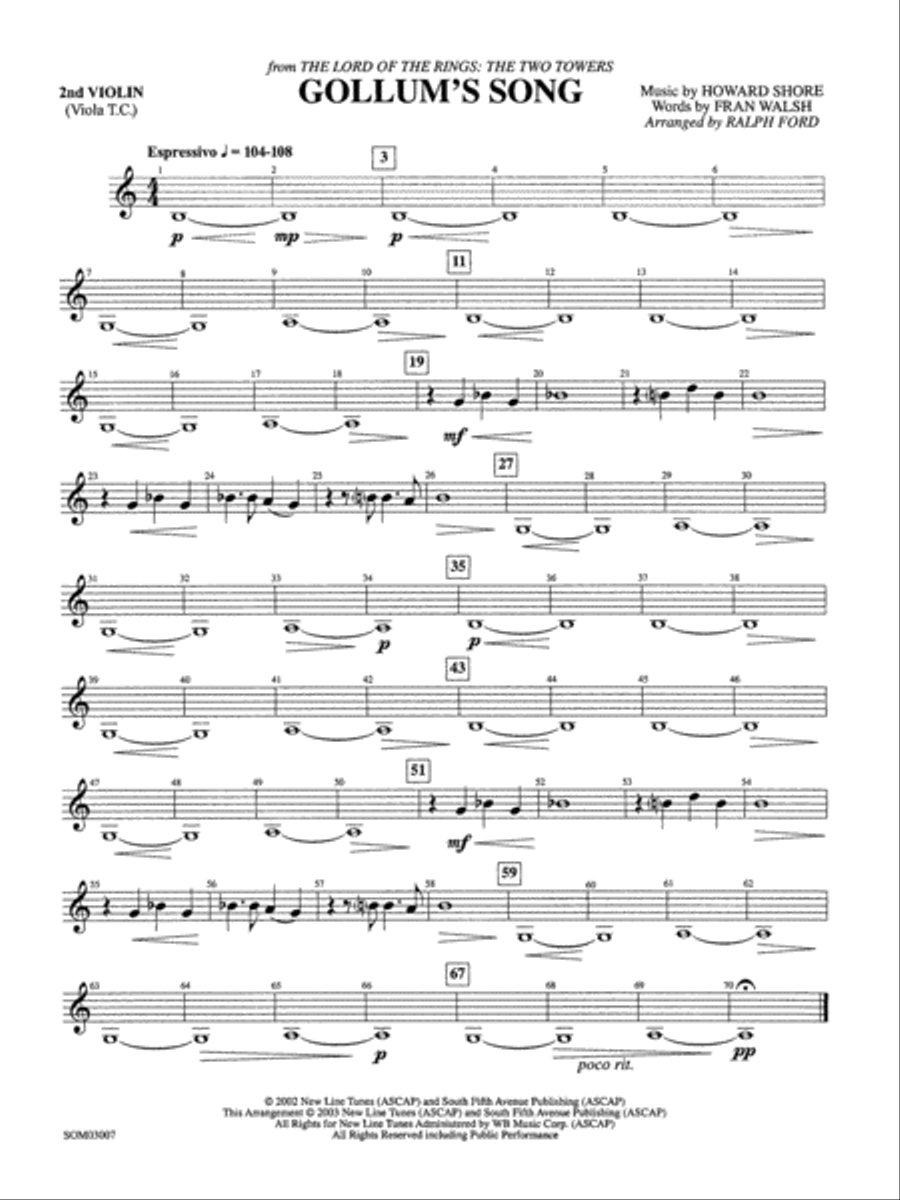 Gollum's Song (from The Lord of the Rings: The Two Towers): 2nd Violin String Orchestra scores gallery preview page 1