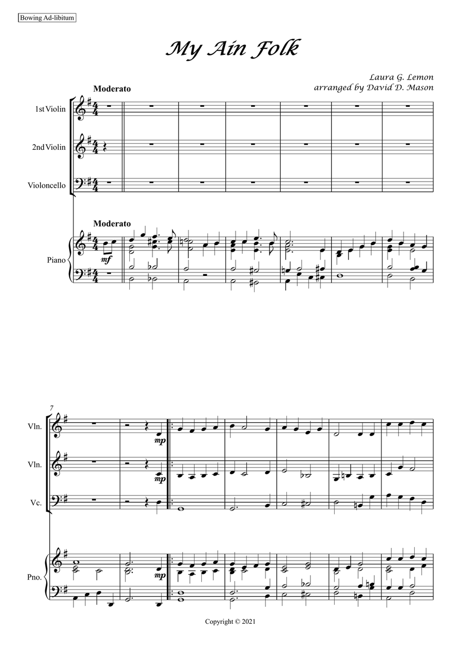 My Ain Folk (Two Violins, Cello and Piano) Violin scores gallery preview page 2