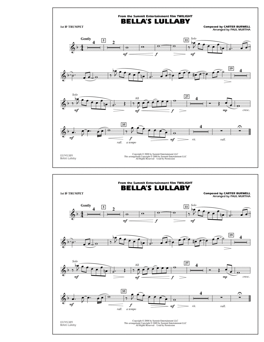 Bella's Lullaby (from "Twilight") - 1st Bb Trumpet