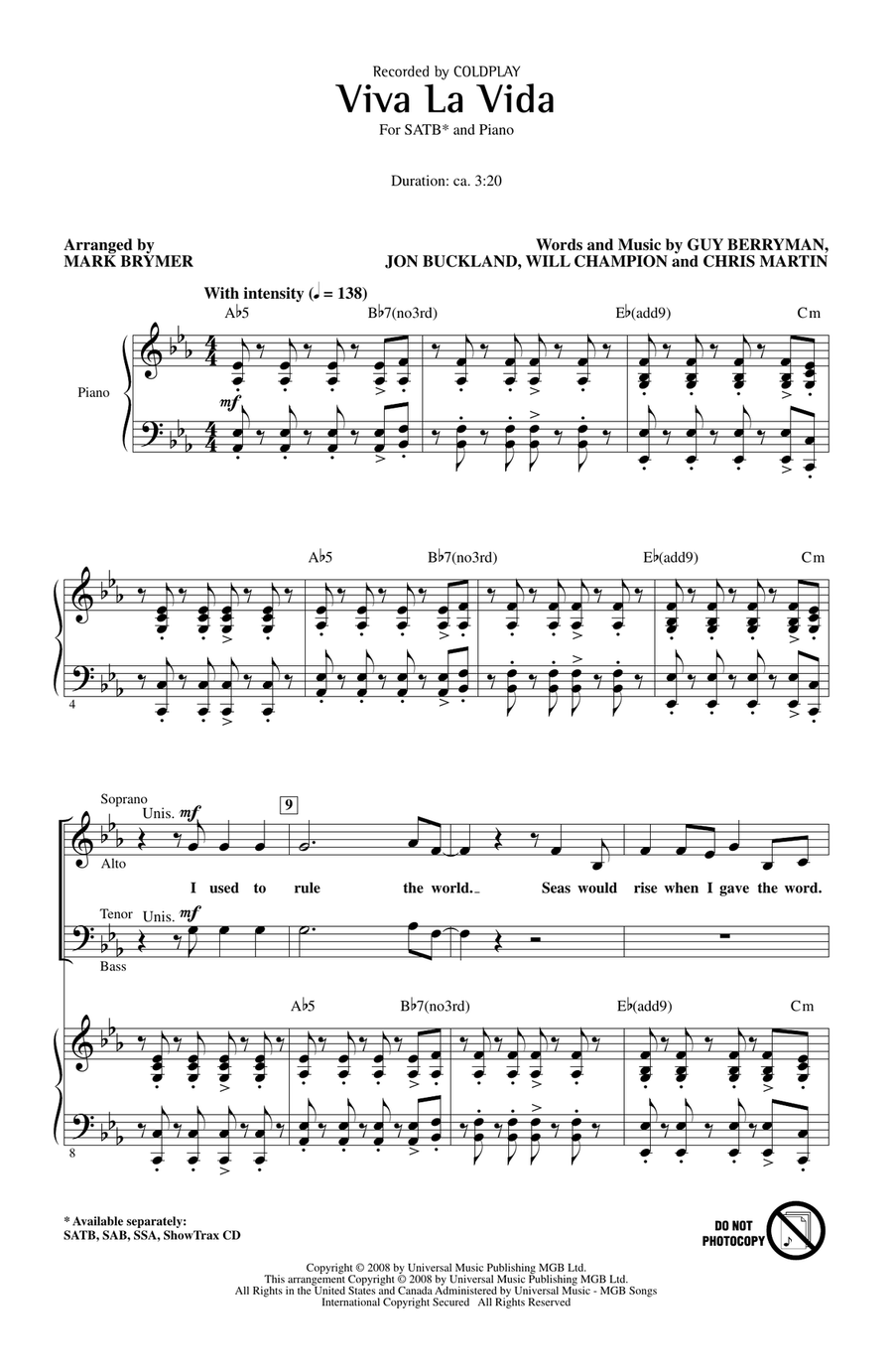 Viva La Vida (arr. Mark Brymer) 4-Part scores gallery preview page 1
