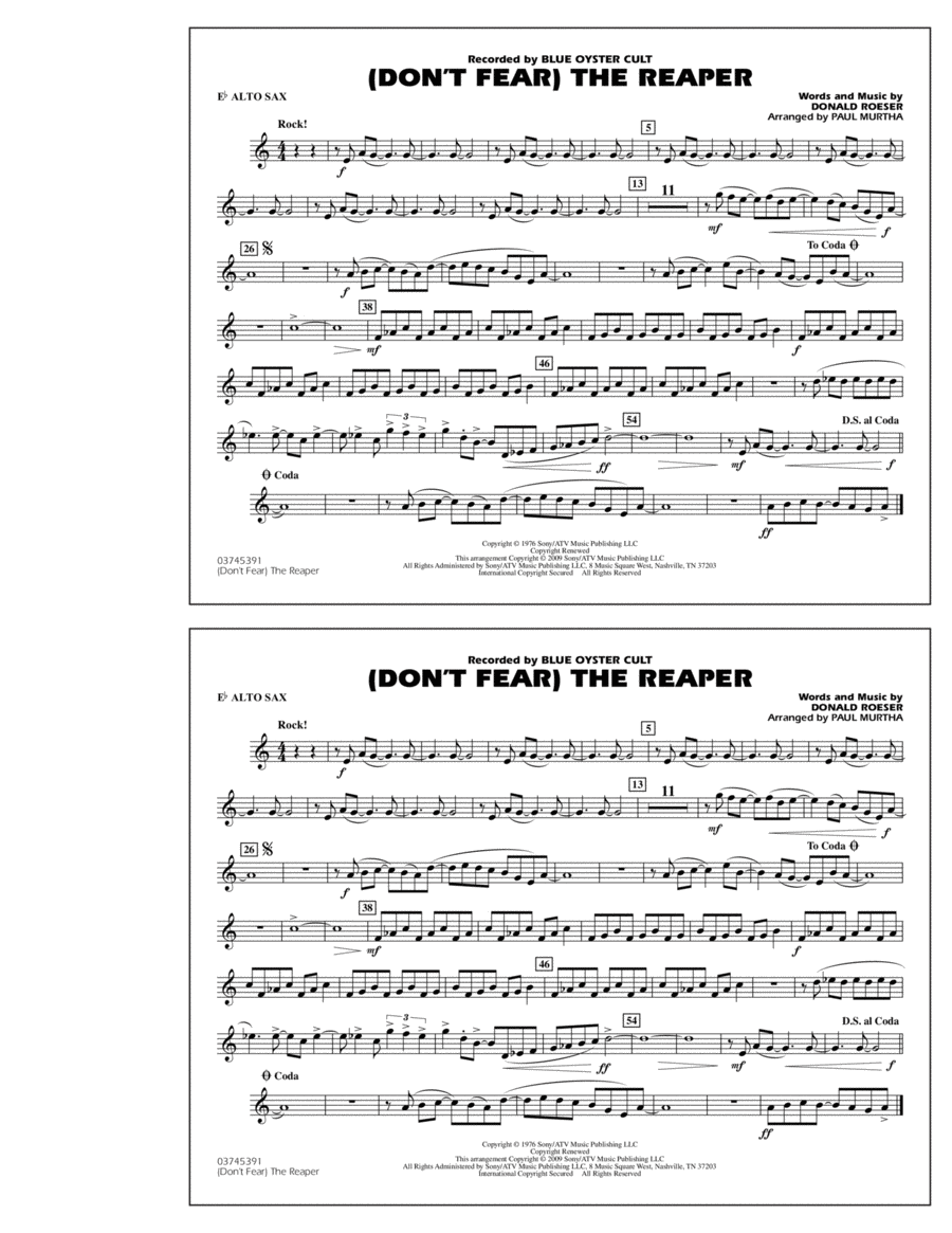 (Don't Fear) The Reaper - Eb Alto Sax Marching Band scores gallery preview page 1