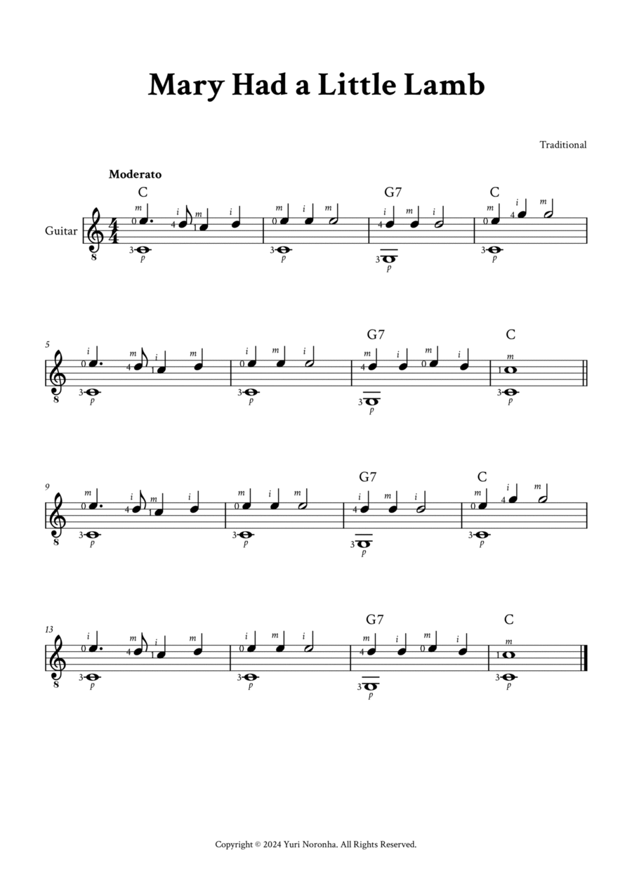 Mary Had a Little Lamb - Fingerstyle Guitar (with Chords, Fingering) Acoustic Guitar scores gallery preview page 1