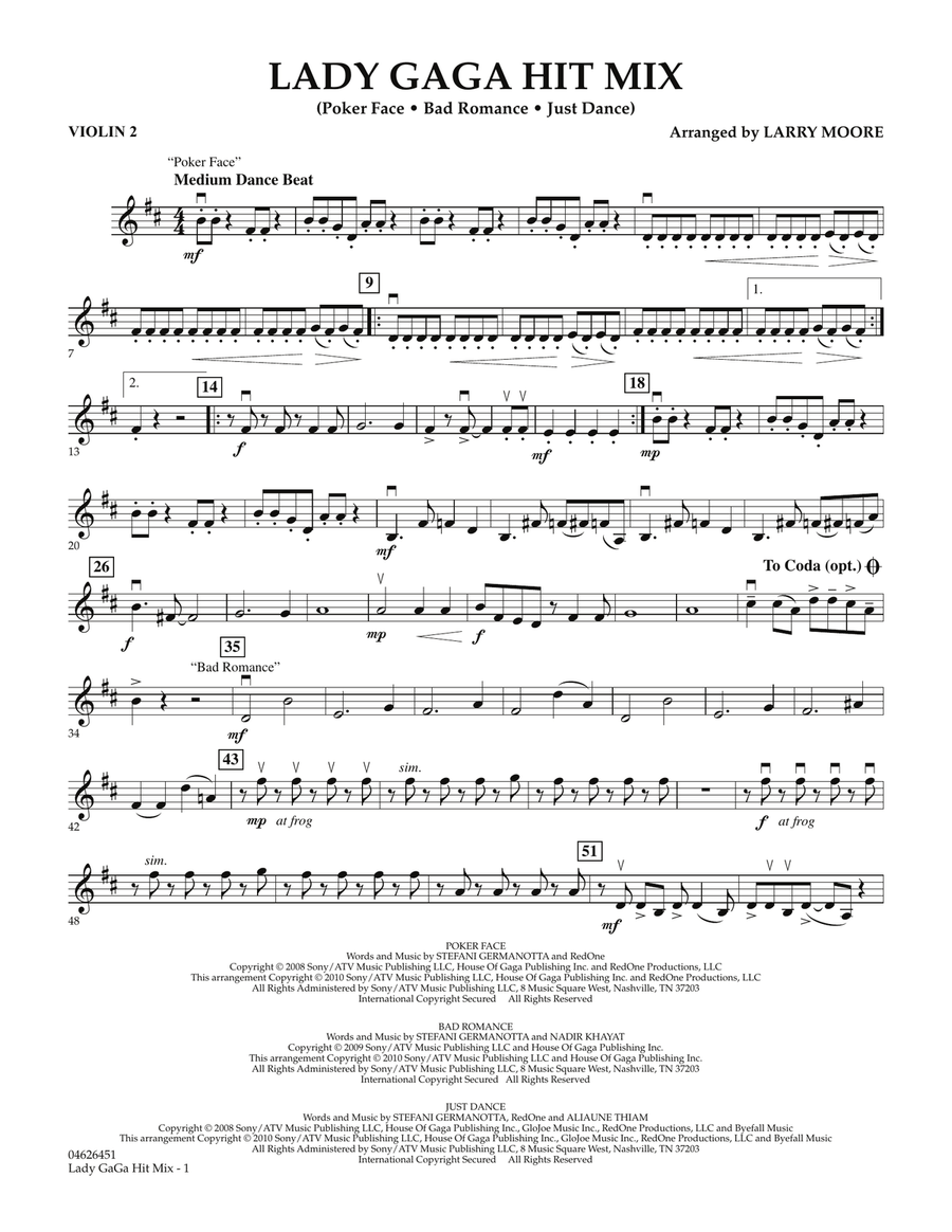 Lady GaGa Hit Mix - Violin 2 Orchestra scores gallery preview page 1