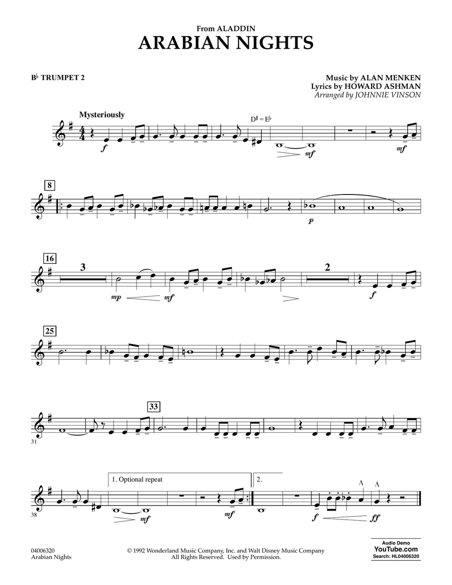 Arabian Nights (from Disney's Aladdin) (arr. Johnnie Vinson) - Bb Trumpet 2 Concert Band scores gallery preview page 1