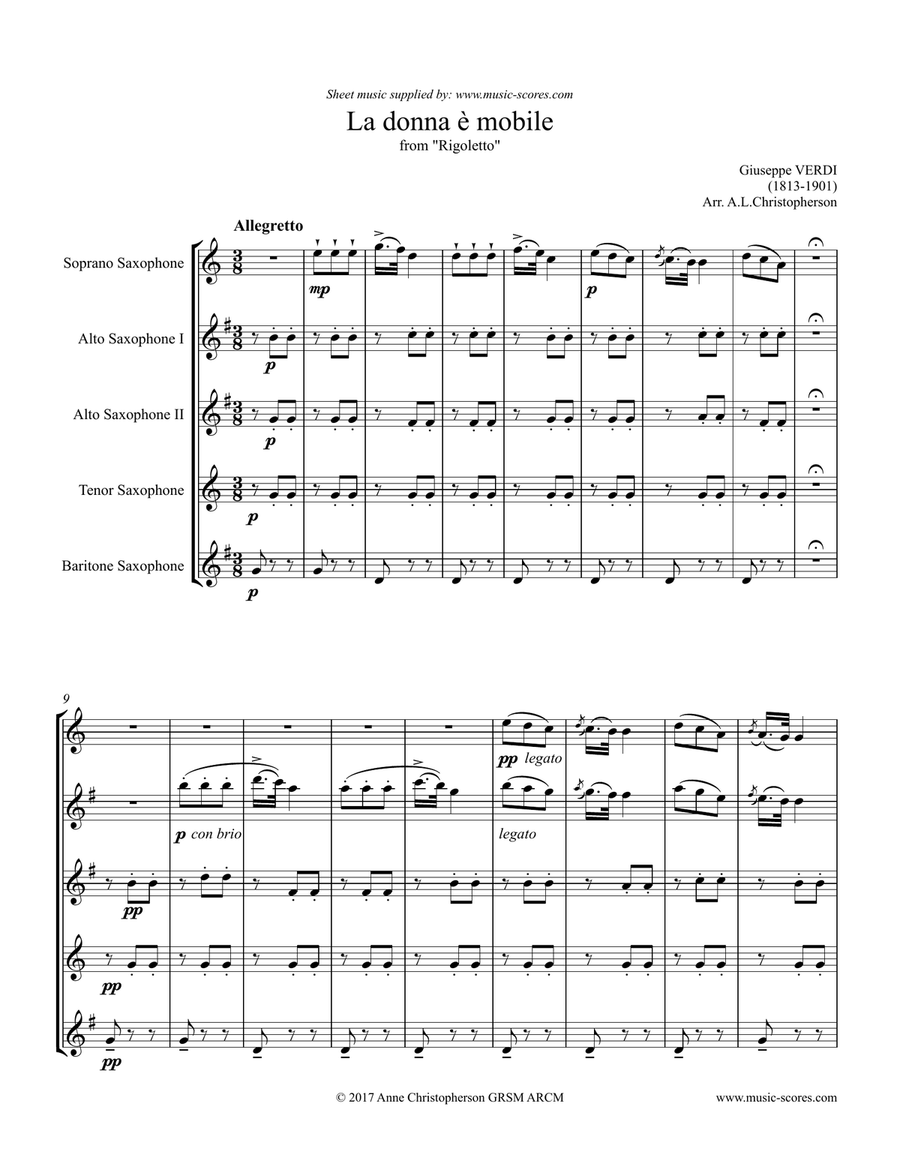 Verdi: La Donna e Mobile - Sax Quintet Woodwind Quartet scores gallery preview page 1