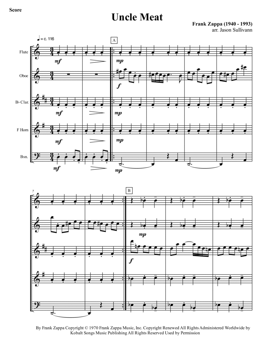 Uncle Meat Uncle Meat Woodwind Quintet scores gallery preview page 1