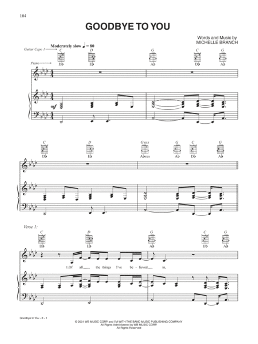 Goodbye to You Piano, Vocal, Guitar scores gallery preview page 1