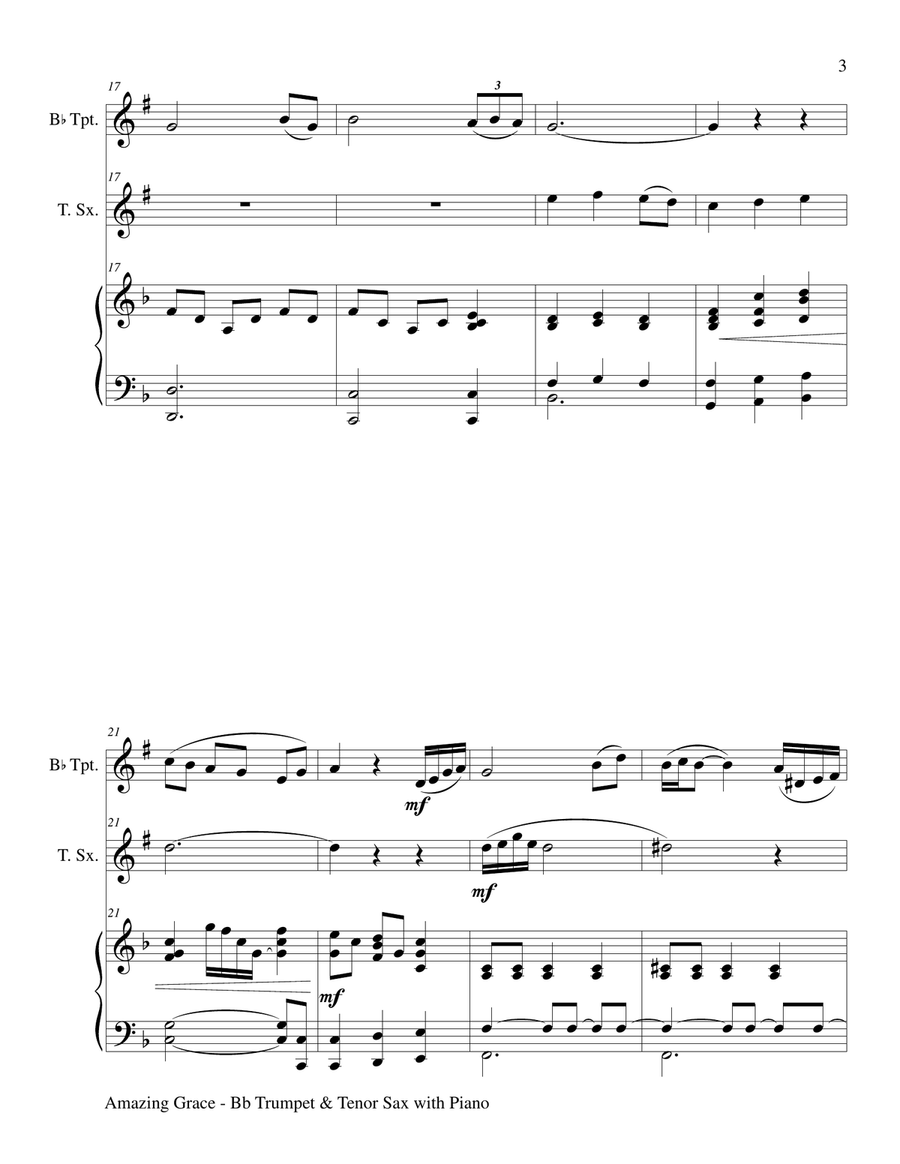 AMAZING GRACE (Bb Trumpet & Tenor Sax with Piano - Score & Parts included) Tenor Saxophone scores gallery preview page 4
