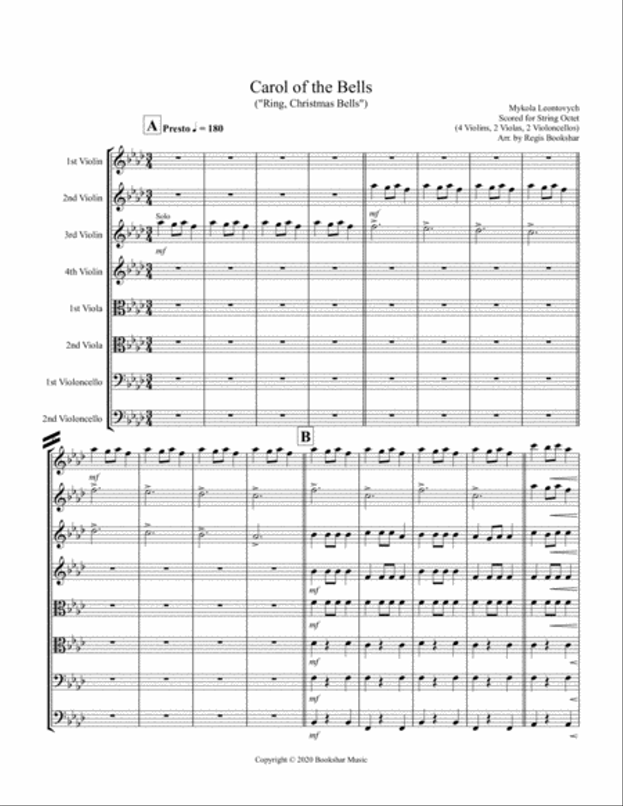 Carol of the Bells (F min) (String Octet - 4 Violin, 2 Viola, 2 Cello) Cello scores gallery preview page 1