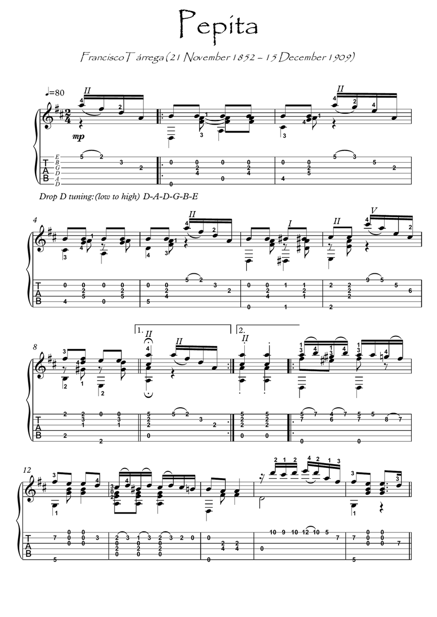 Pepita y Rosita by Tarrega guitar solo Acoustic Guitar scores gallery preview page 1