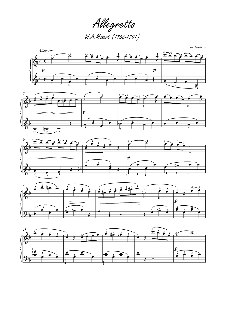 Allegretto by Mozart﻿ for easy piano Easy Piano scores gallery preview page 1