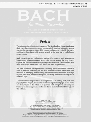 Book cover for Bach for Piano Ensemble, Level 4 - Piano Quartet (2 Pianos, 8 Hands)