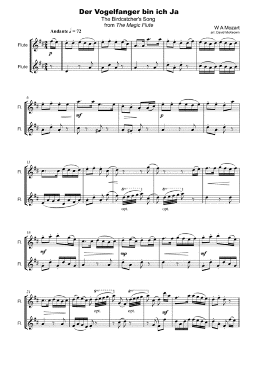 The Birdcatcher's Song, from The Magic Flute, Flute Duet Flute Duet scores gallery preview page 2