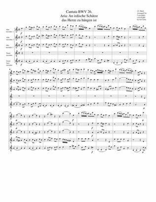 Book cover for Aria: An irdische Schaetze das Herze zu haengen from Cantata BWV 26 (arrangement for 5 recorders)