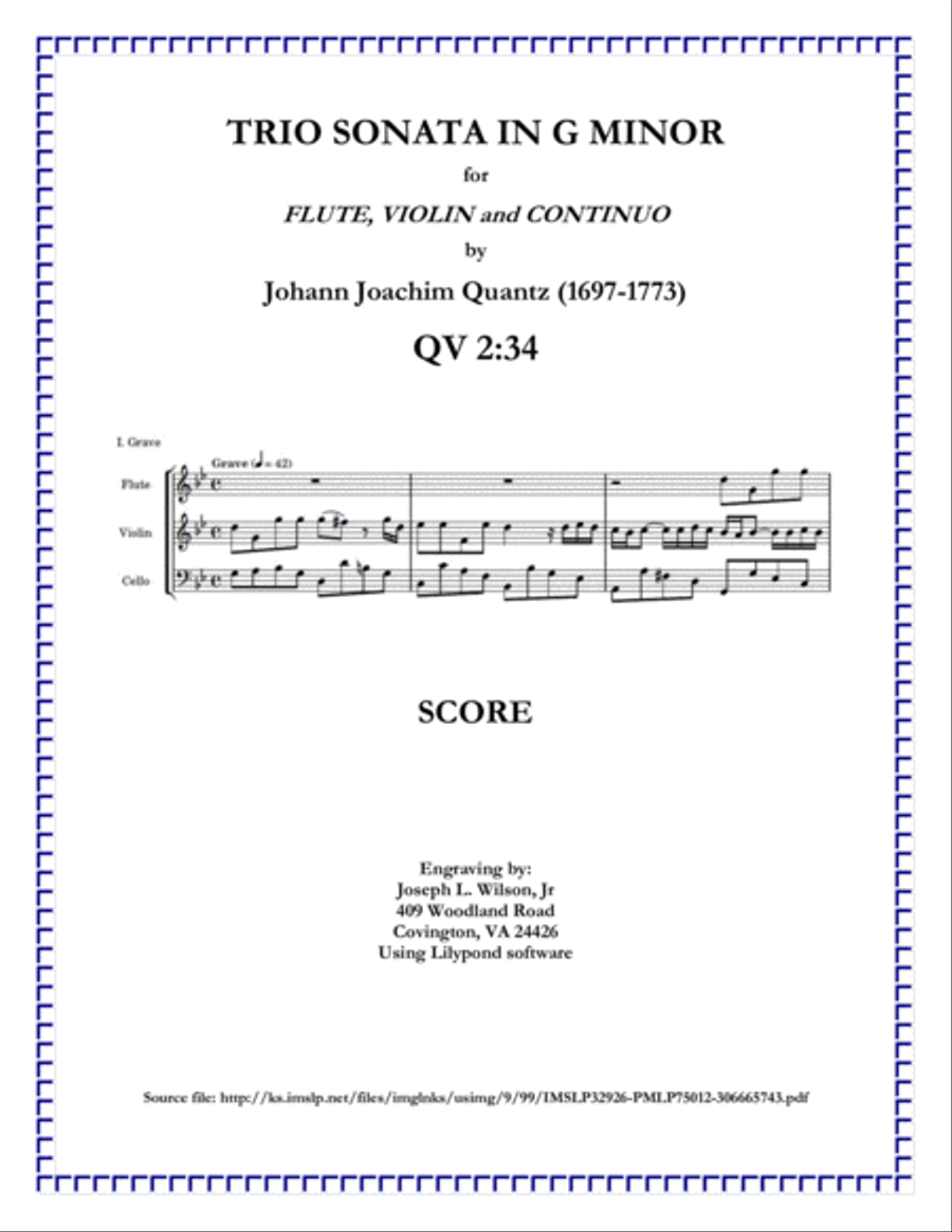 Quantz Trio Sonata in G Minor for Flute, Violin and Continuo, QV 2:34 Small Ensemble scores gallery preview page 1