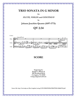 Book cover for Quantz Trio Sonata in G Minor for Flute, Violin and Continuo, QV 2:34