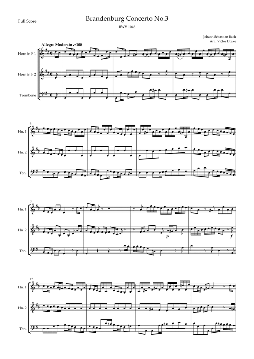 Brandenburg Concerto No. 3 in G major, BWV 1048 1st Mov. (J.S. Bach) for Brass Trio image number null