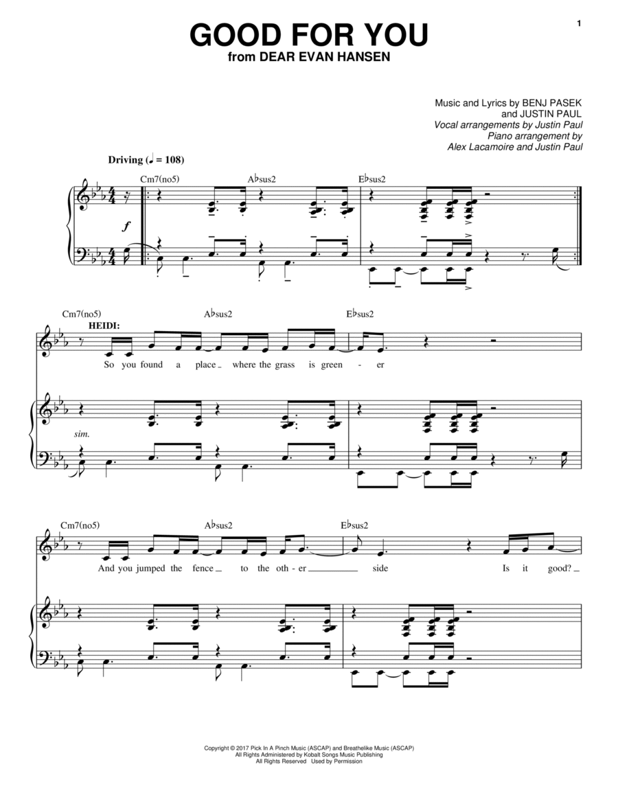 Good For You (from Dear Evan Hansen) Voice scores gallery preview page 1