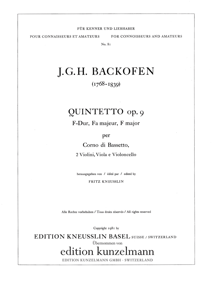 Quintet Op. 9 for basset horn and strings