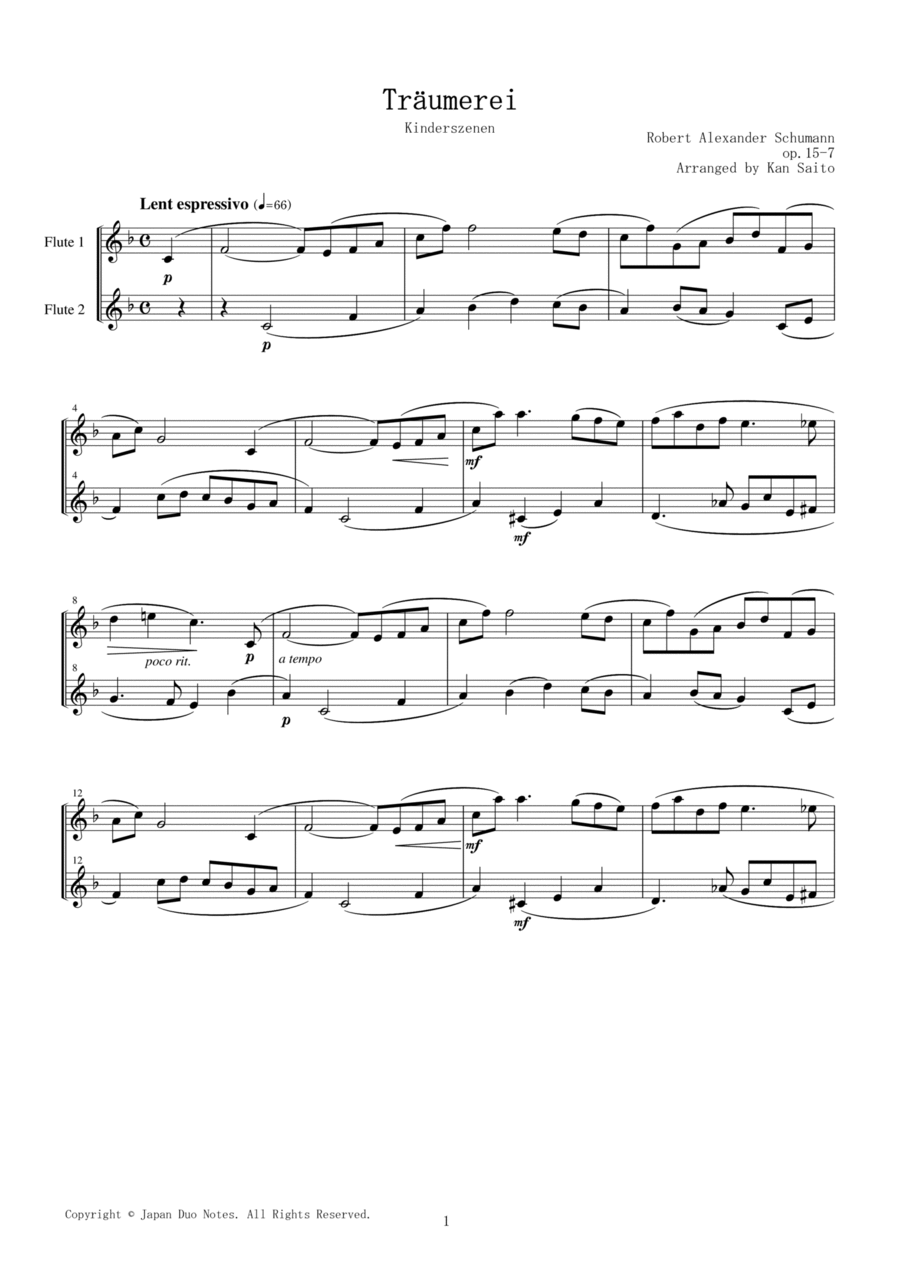 Träumerei, Op. 15, No. 7 / Robert Schumann Flute Duet scores gallery preview page 1