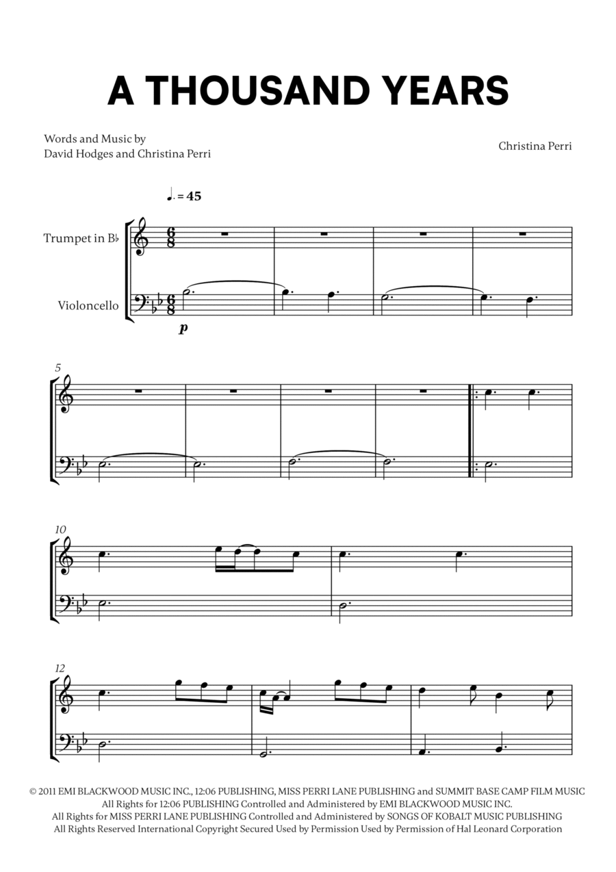 A Thousand Years Trumpet Duet scores gallery preview page 1