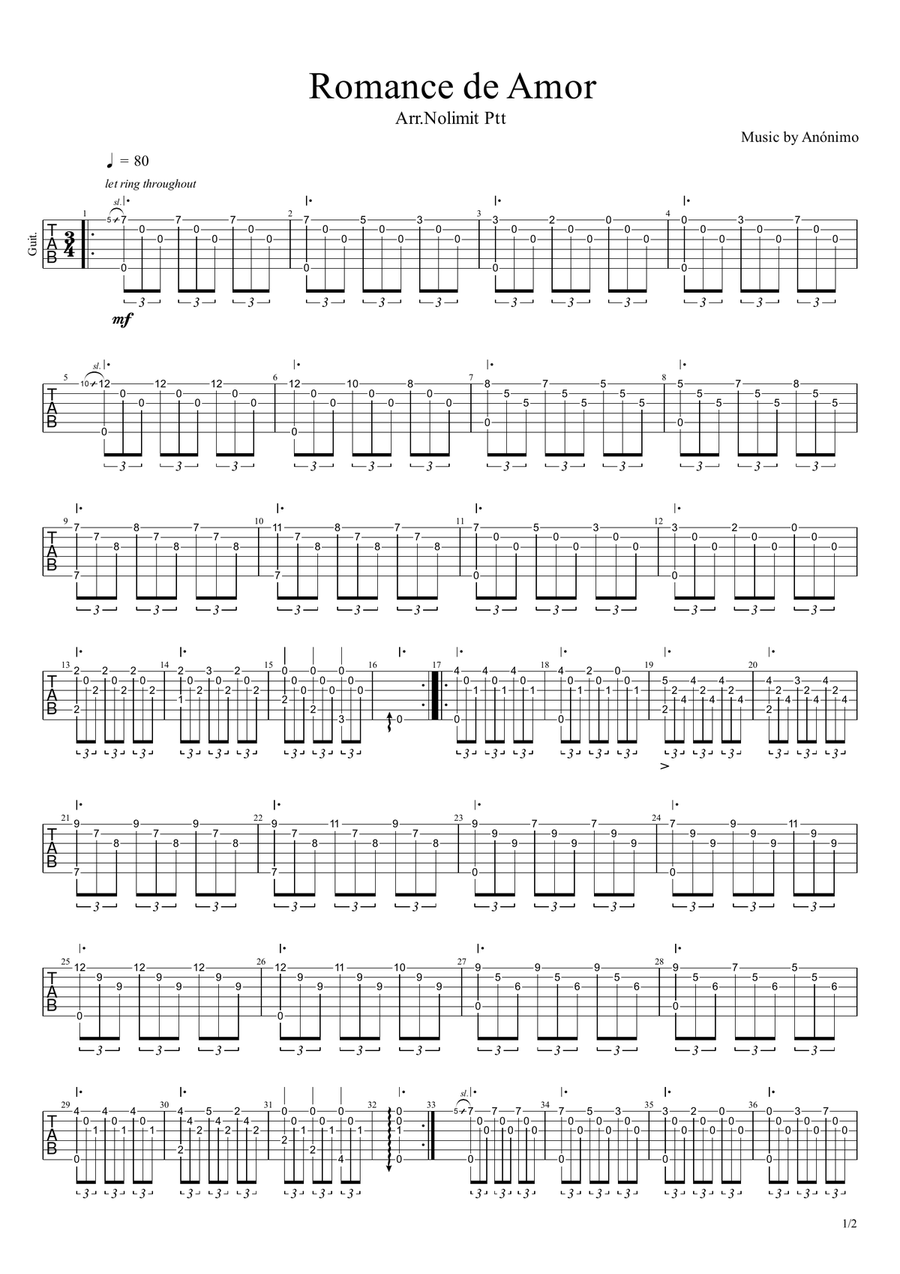 Romance de Amor Electric Guitar scores gallery preview page 1
