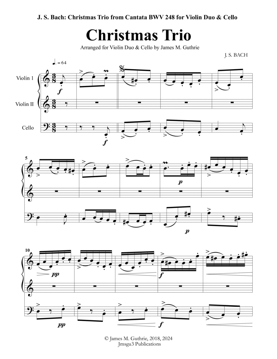 Bach: Christmas Trio for Violin Duo & Cello String Trio scores gallery preview page 1