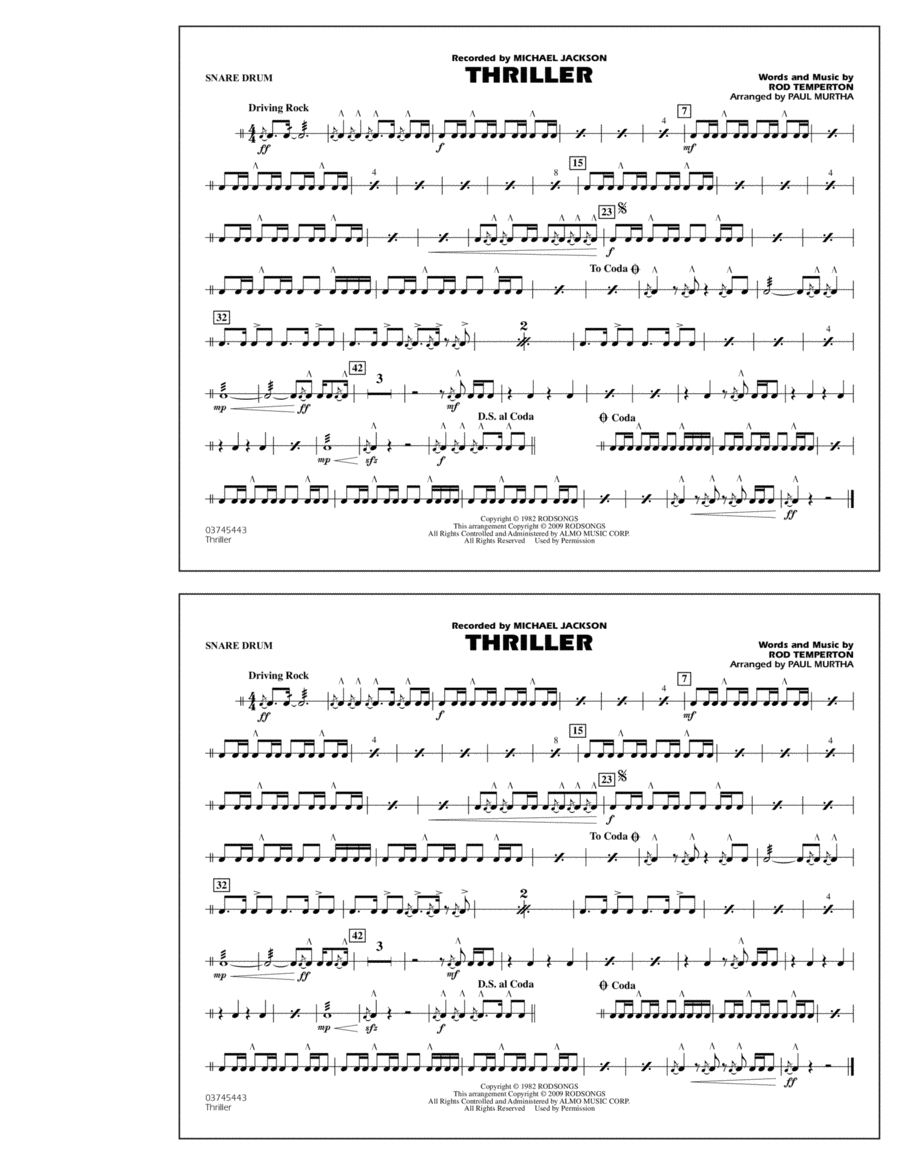 Thriller - Snare Drum Marching Band scores gallery preview page 1