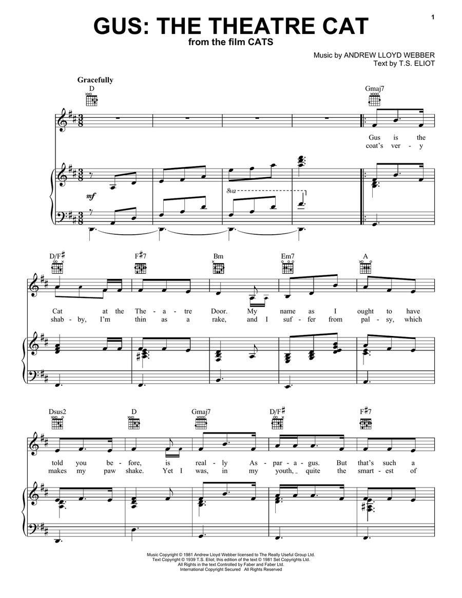 Gus: The Theatre Cat (from the Motion Picture Cats) Piano, Vocal, Guitar scores gallery preview page 1