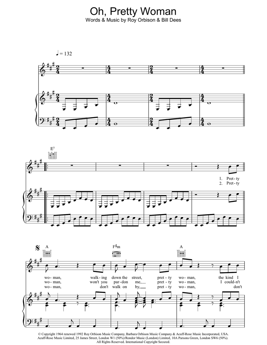Oh, Pretty Woman Piano, Vocal, Guitar scores gallery preview page 1