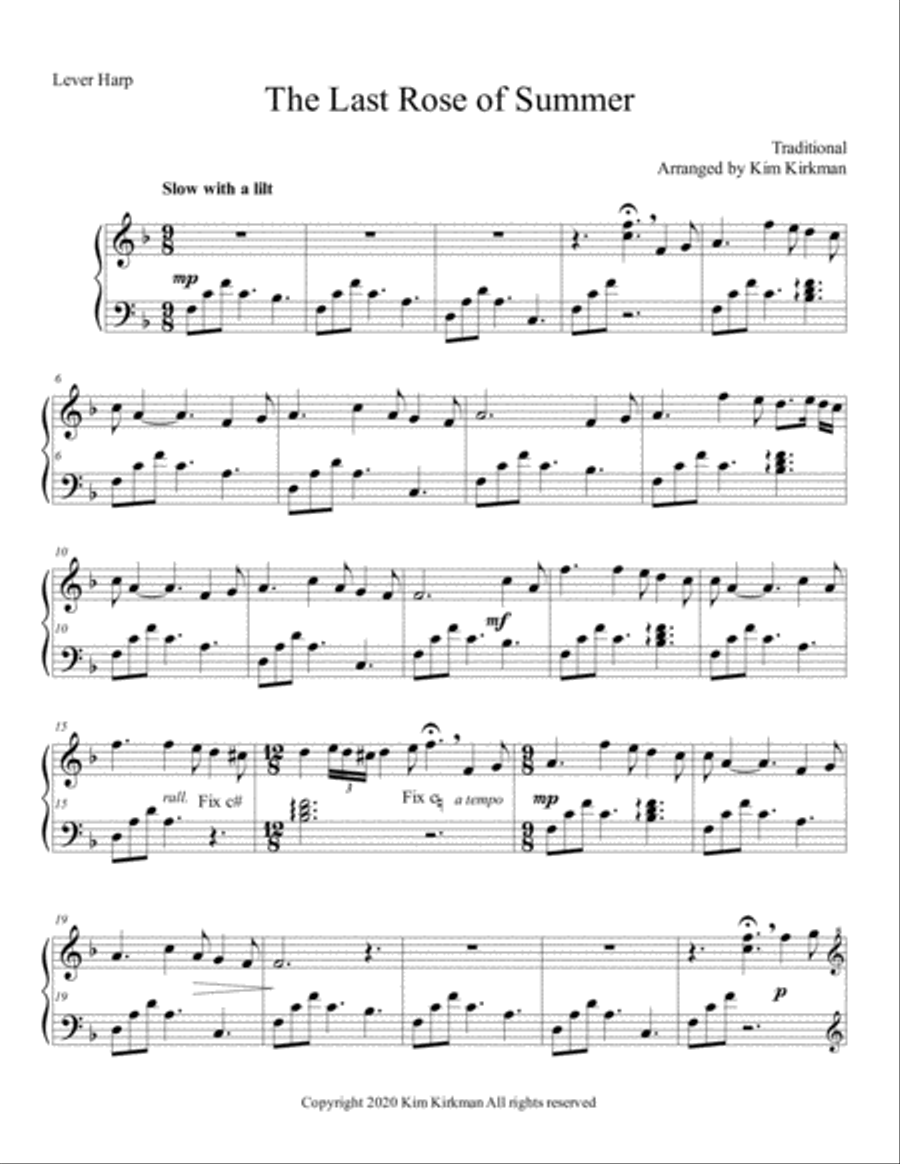 Last Rose of Summer - for lever harp Celtic Harp scores gallery preview page 1