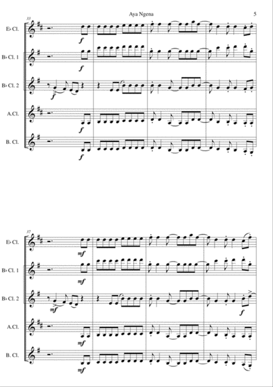 Aya Ngena for clarinet quintet (including E flats) Clarinet Quintet scores gallery preview page 5