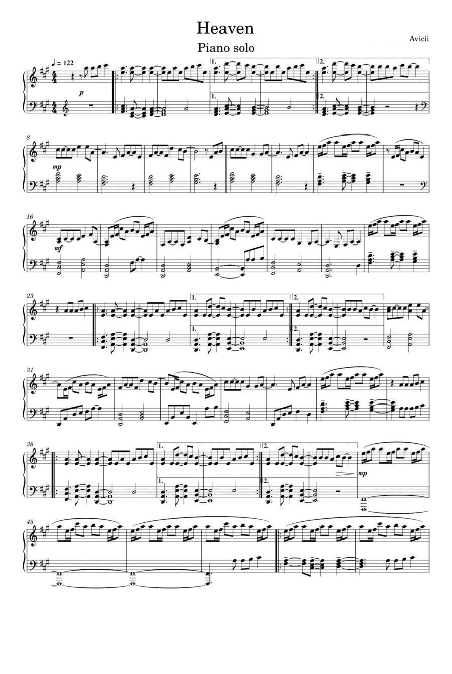 Avicii - Heaven Piano Solo scores gallery preview page 1