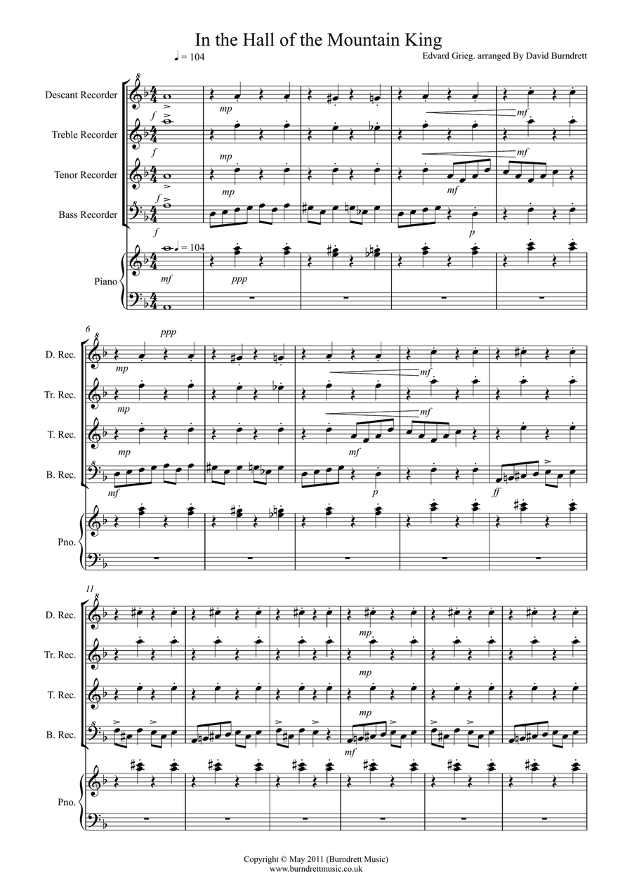 In the Hall of the Mountain King for Recorder Quartet Recorder scores gallery preview page 1