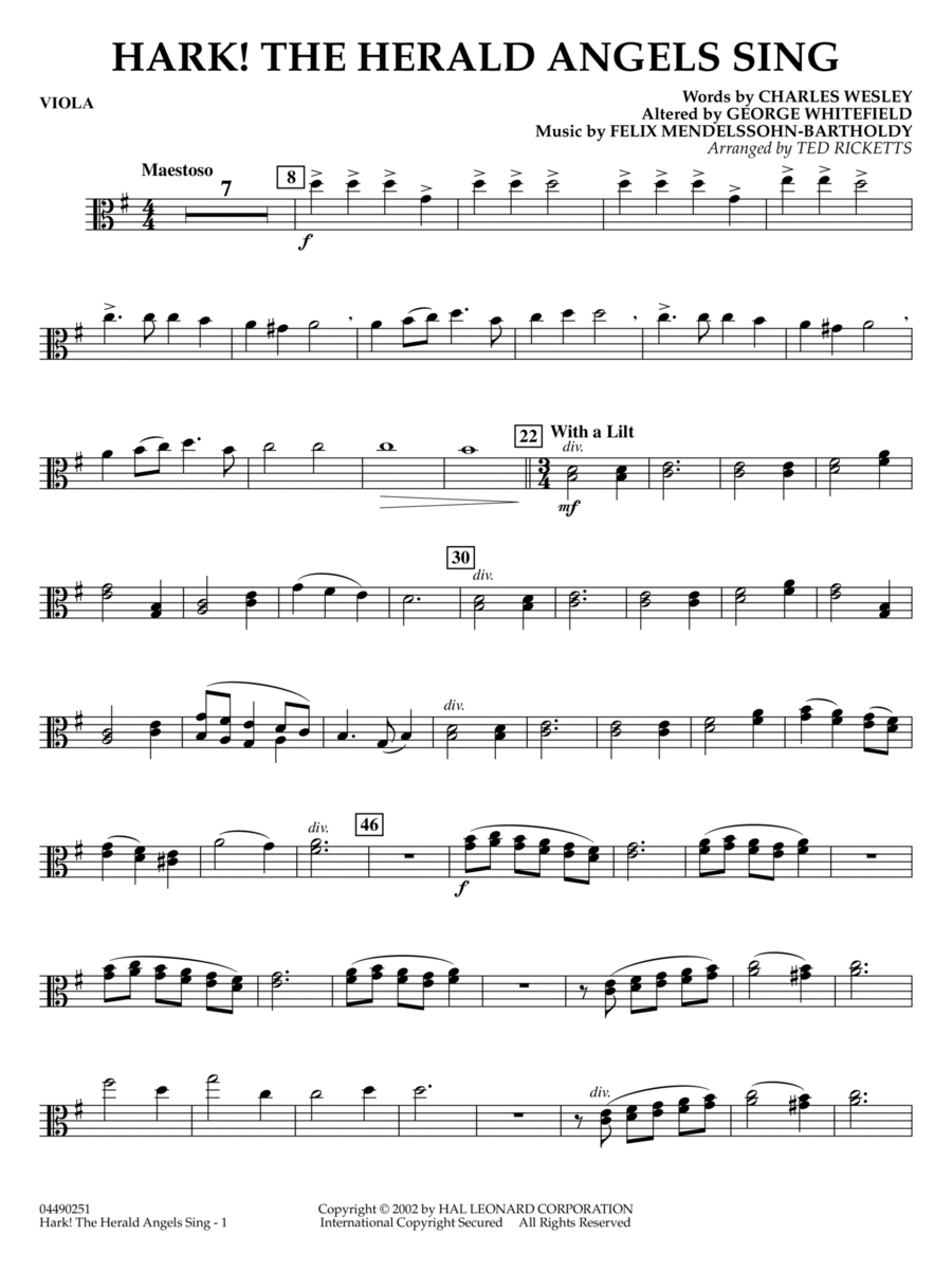 Hark! The Herald Angels Sing (arr. Ted Ricketts) - Viola Full Orchestra scores gallery preview page 1